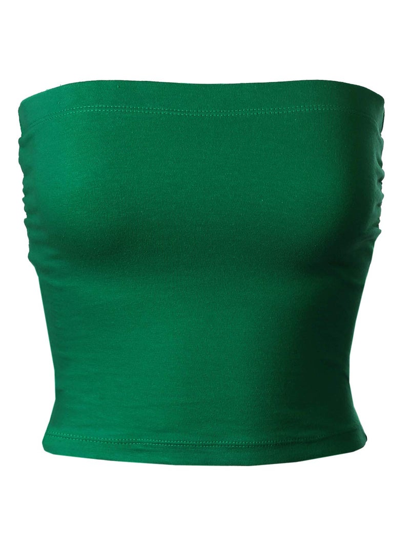 MixMatchy Women's Solid Casual Summer Ruched Side Backless Double Layered Tube Top with Built in Bra Kelly Green - Image 1